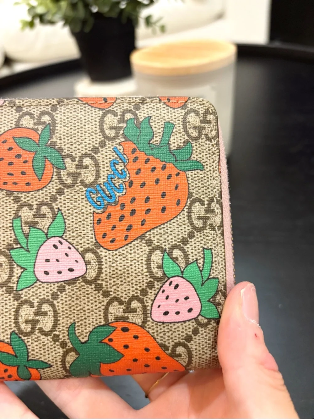 Gucci GG Supreme Monogram Strawberry Zip Around Wallet Light Pink